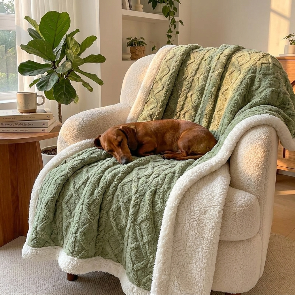 Sunday Reversible Sherpa Throw – green throw on an armchair with a Dachshund