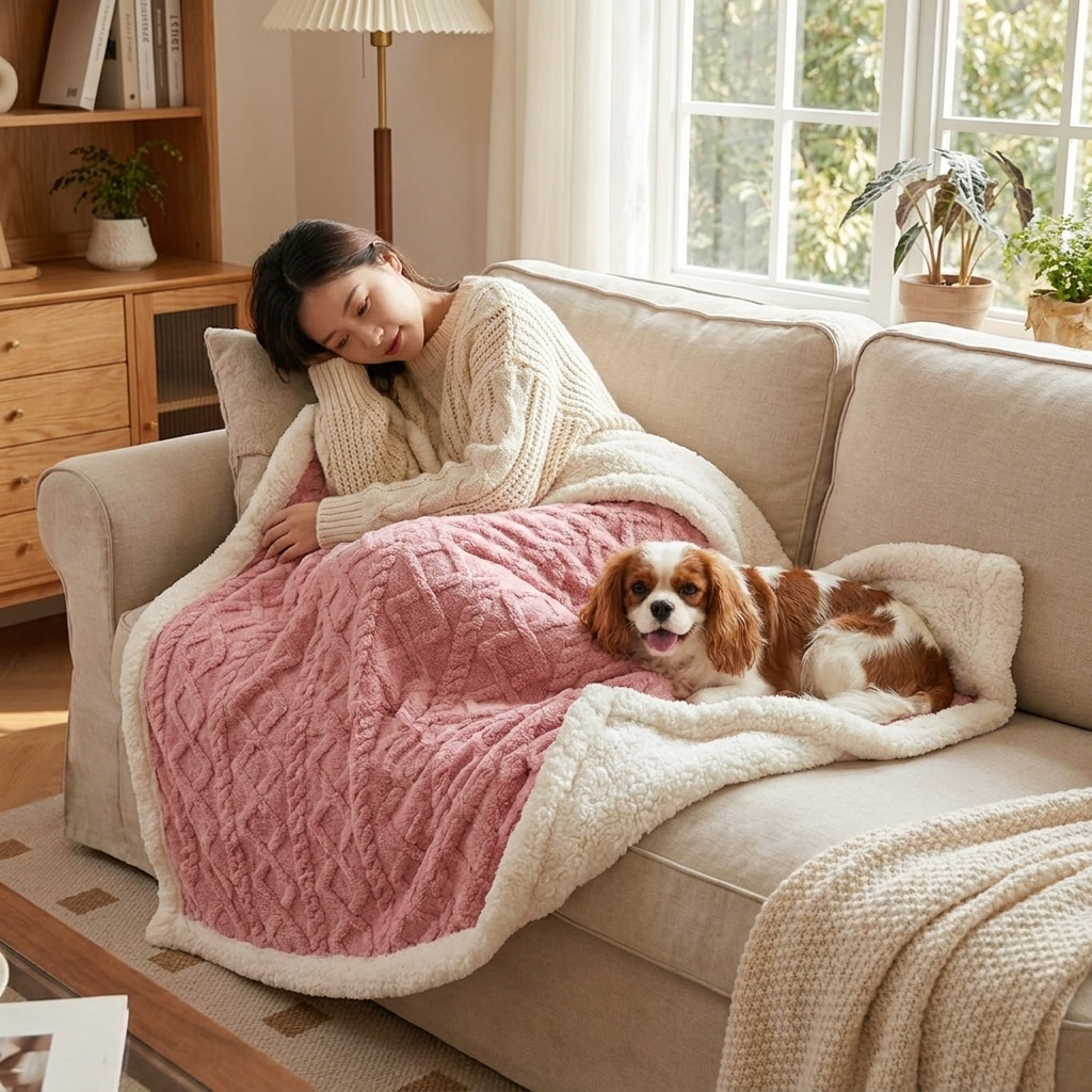 Sunday Reversible Sherpa Throw – pink throw with a woman and her Cavalier