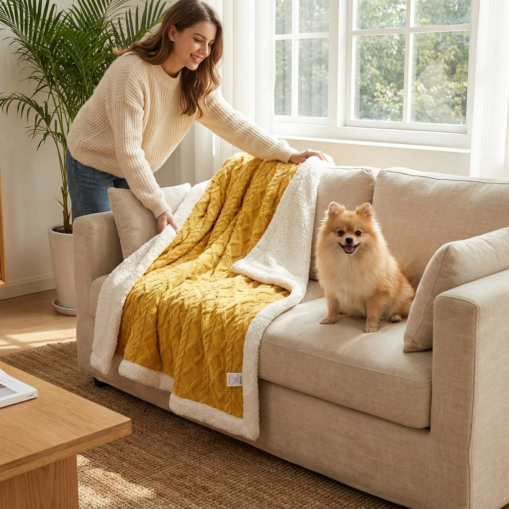 Sunday Reversible Sherpa Throw – yellow throw with a woman and her Pomeranian