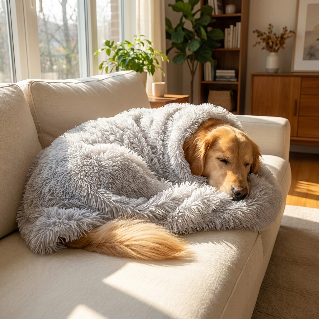 Golden Retriever wrapped in a Puff silver-grey plush dog blanket on a sofa