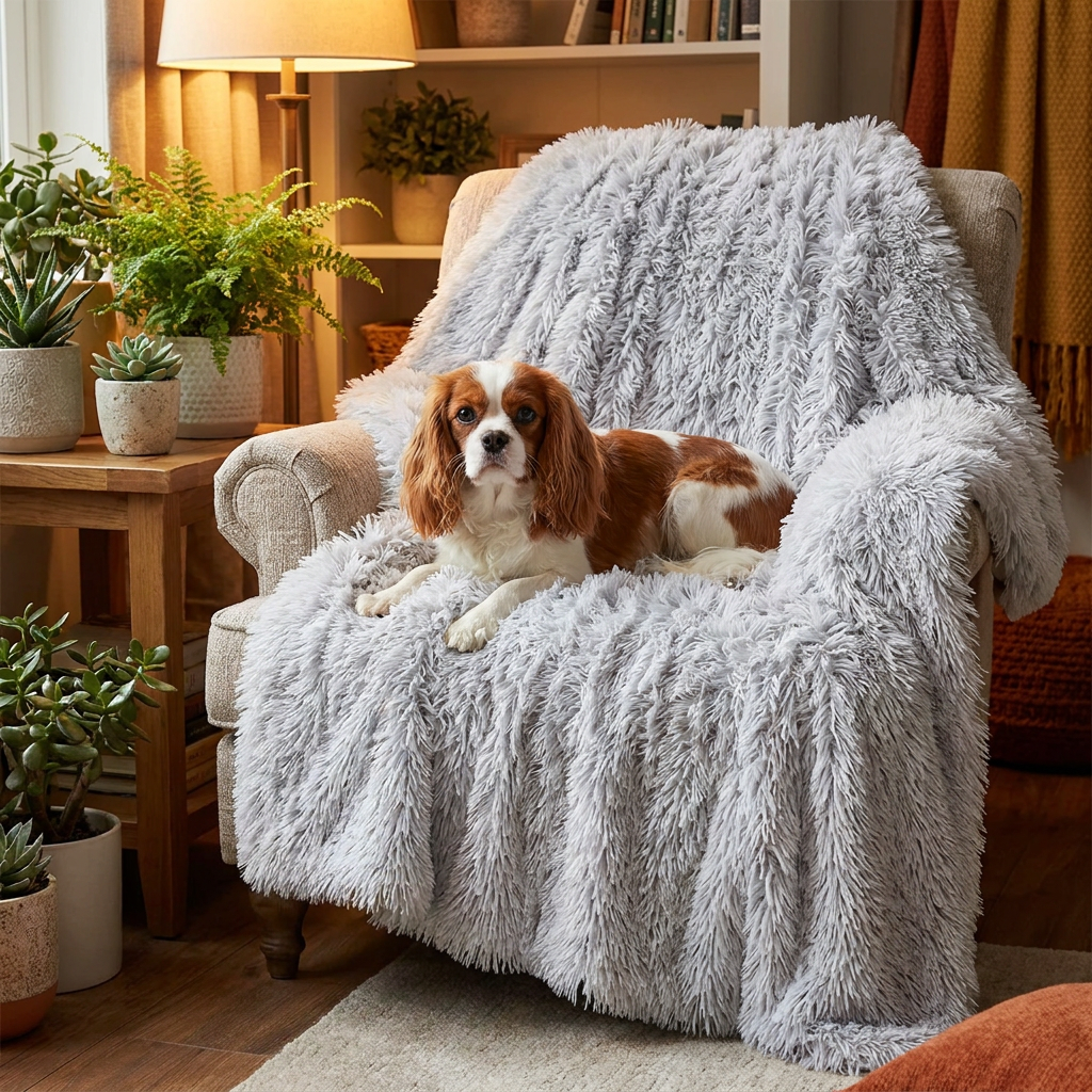 Cavalier spaniel resting on a Puff silver-grey plush dog blanket over an armchair