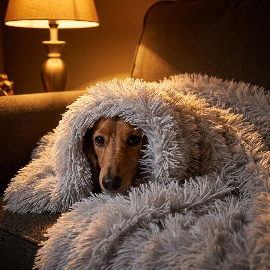 Dachshund burrowed in a Puff silver-grey plush dog blanket on a couch