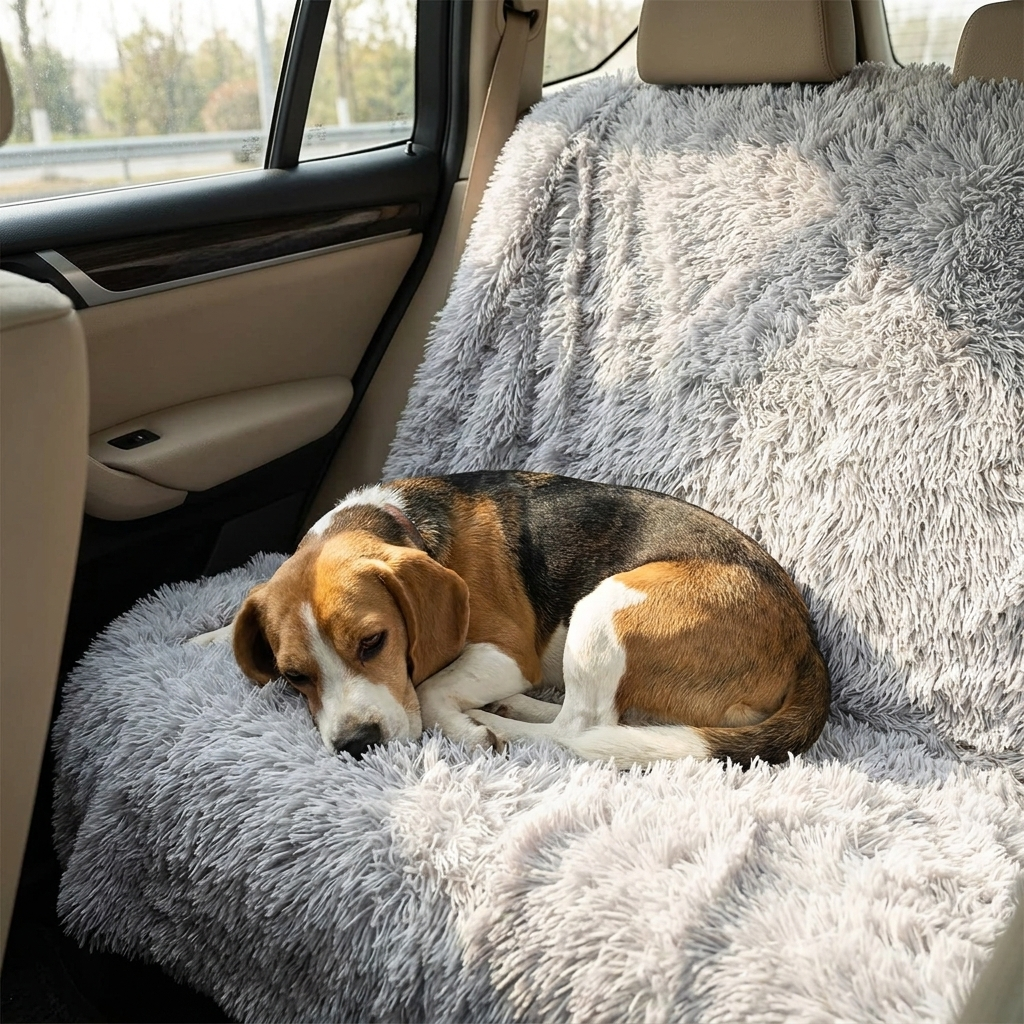 Beagle lying on a Puff silver-grey plush dog blanket in a car seat