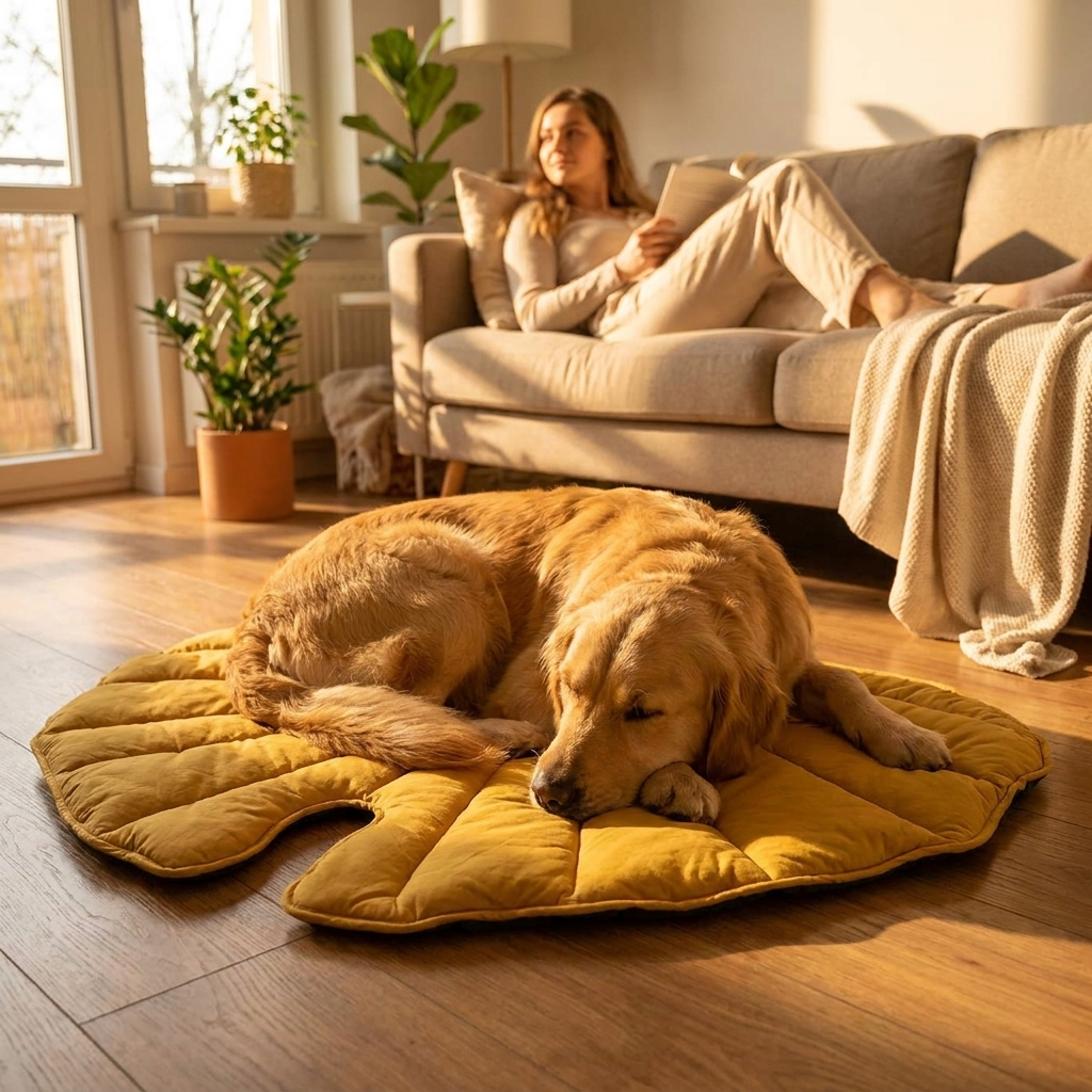 Golden Retriever resting on a Fern Ginkgo Yellow leaf-shaped dog mat