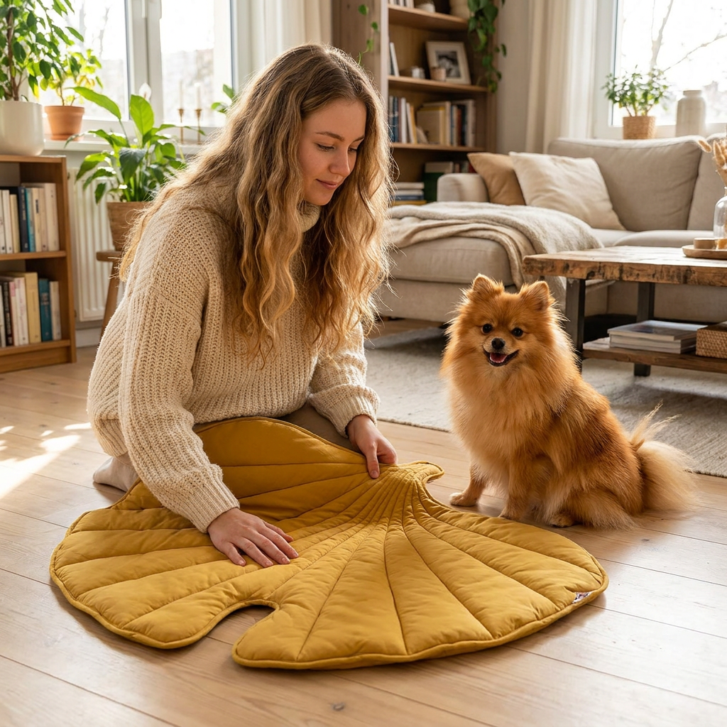 Woman arranging a Fern Ginkgo Yellow leaf mat with a Pomeranian