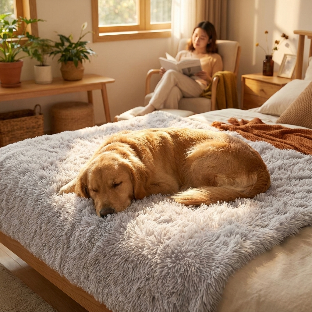 Golden Retriever on a Willow Light Gray calming plush dog blanket