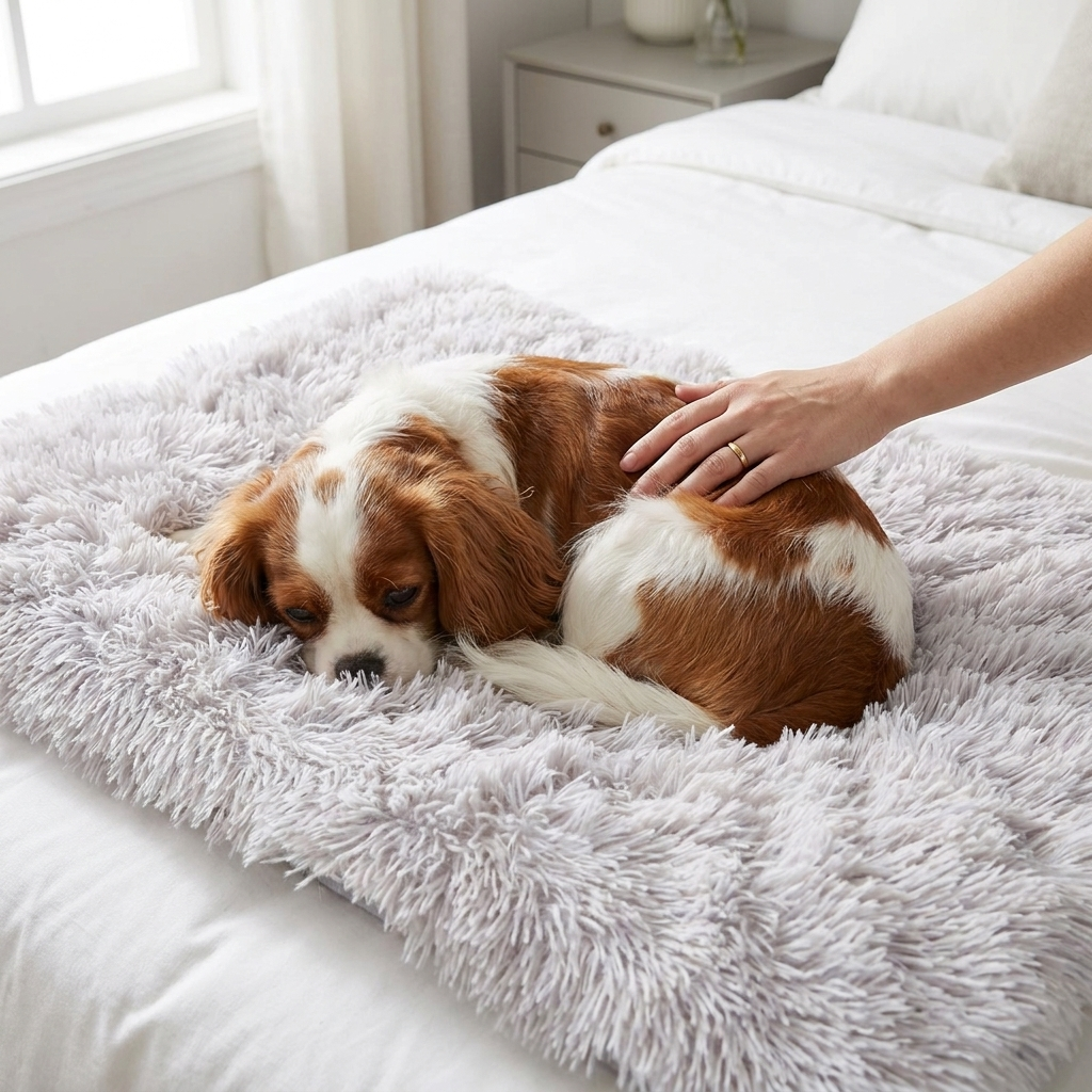 Cavalier on a Willow Light Gray calming plush dog blanket