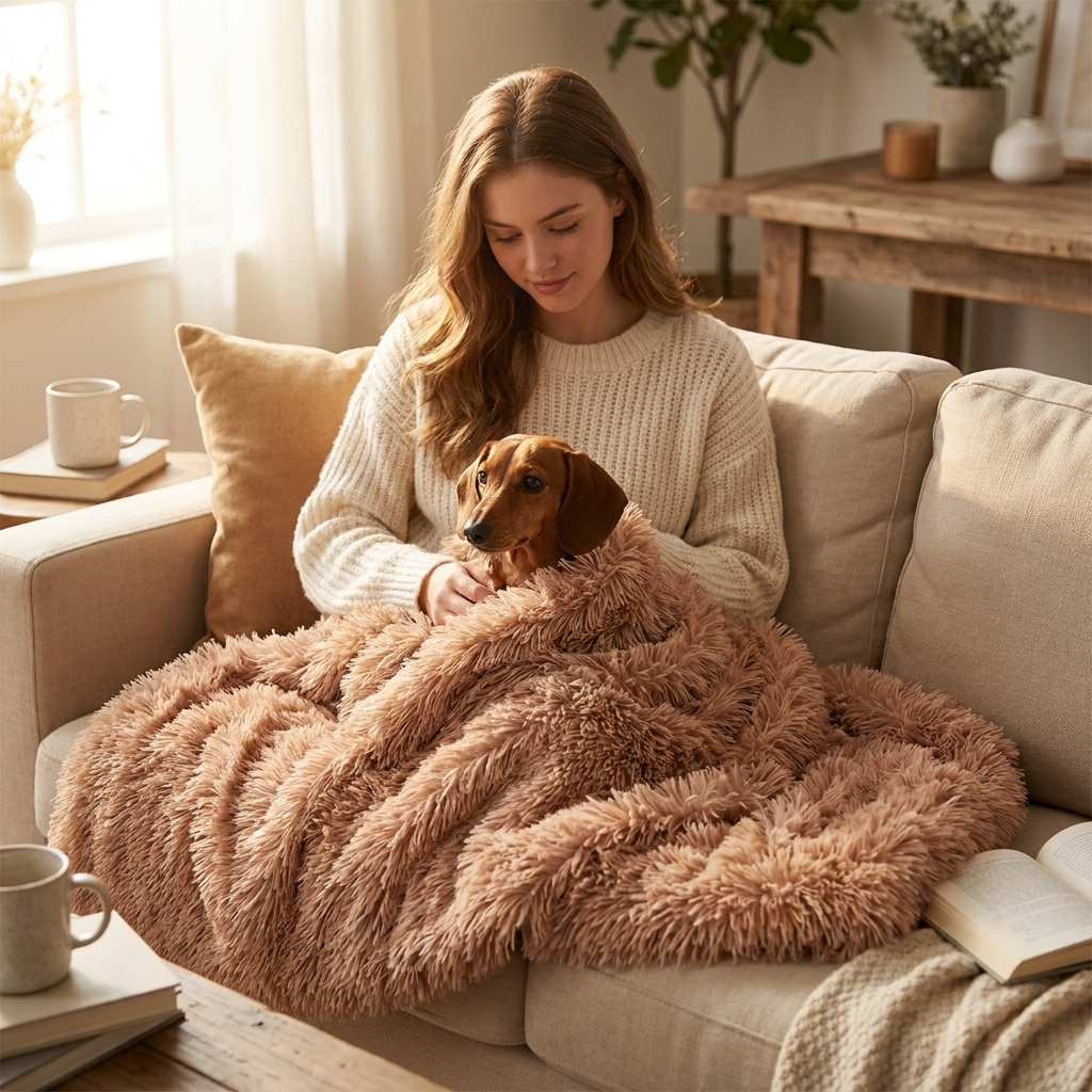 Dachshund wrapped in a Willow Light Brown calming plush dog blanket with a woman