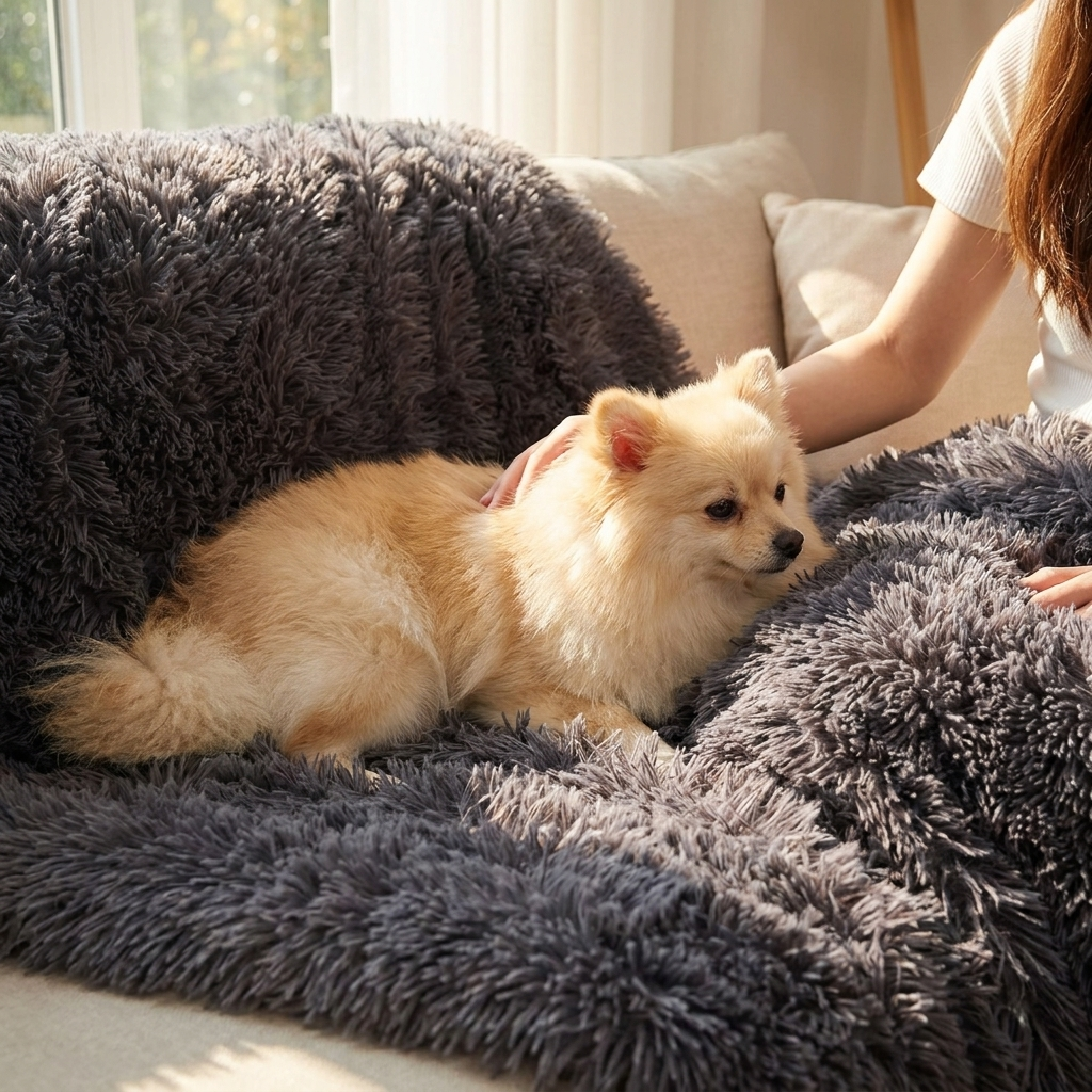 Pomeranian on a Willow Dark Gray calming plush dog blanket