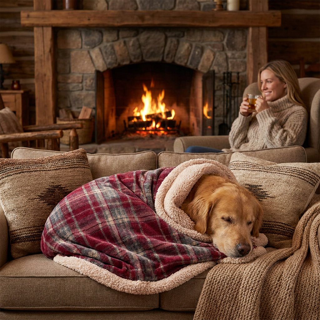 Golden Retriever wrapped in a Rowan red plaid sherpa dog blanket by a fire