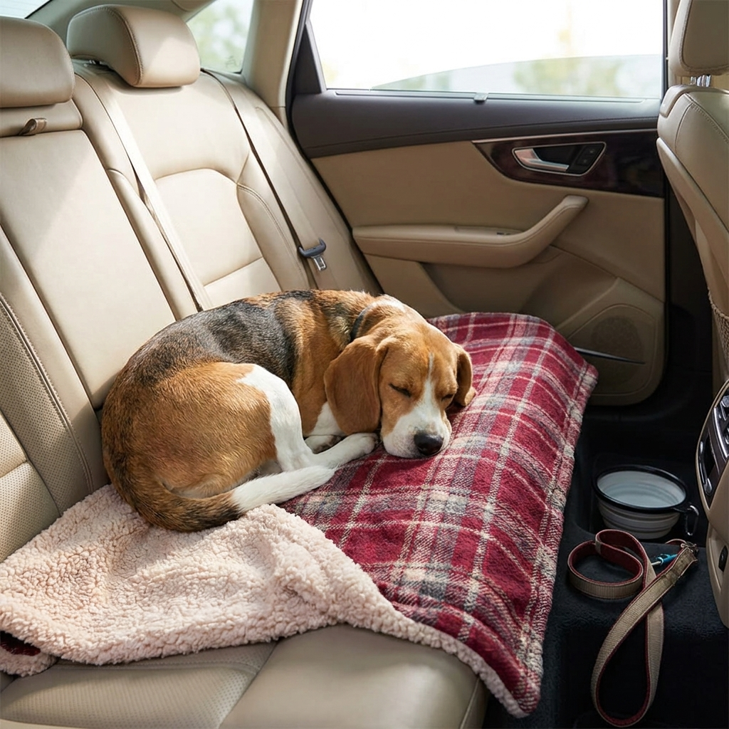 Beagle on a Rowan red plaid sherpa dog blanket in a car seat