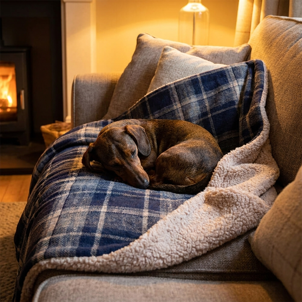 Dachshund on a Rowan blue plaid sherpa dog blanket on a sofa