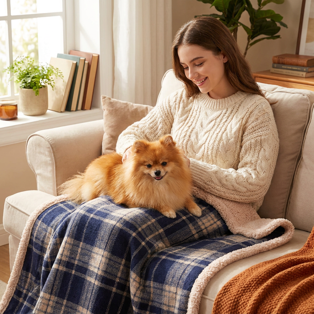 Pomeranian on a Rowan blue plaid sherpa dog blanket with a woman