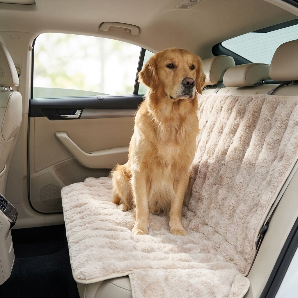 Golden Retriever on a Roadie khaki faux-fur dog car seat cover