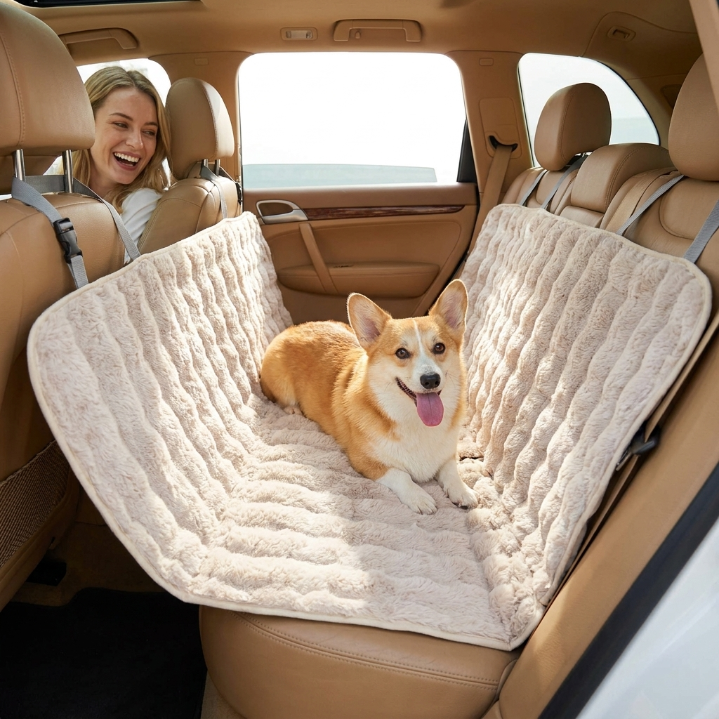 Corgi on a Roadie khaki faux-fur car seat hammock with a woman