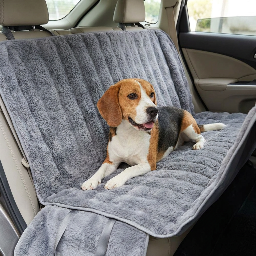 Beagle on a Roadie grey faux-fur dog car seat cover