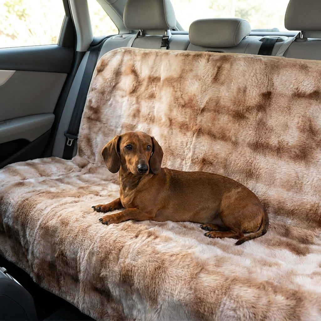 Dachshund on a Roadie brown faux-fur car seat hammock