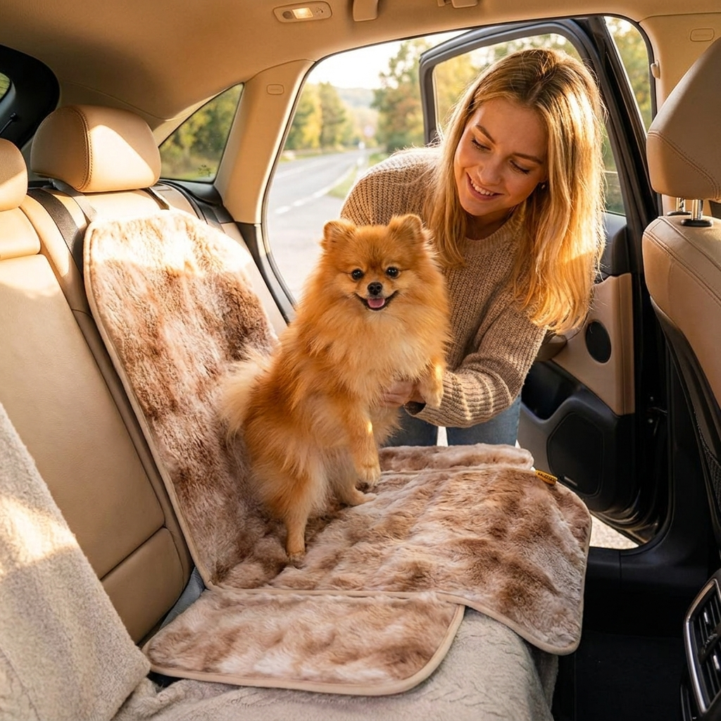 Pomeranian on a Roadie brown faux-fur car seat cover with a woman