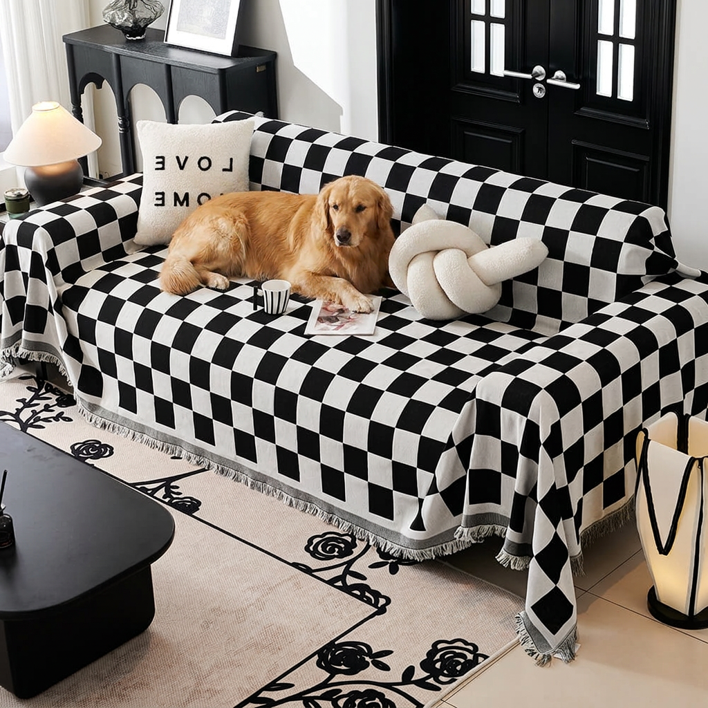 Golden Retriever on a Sloane black checkerboard fringe throw over a sofa
