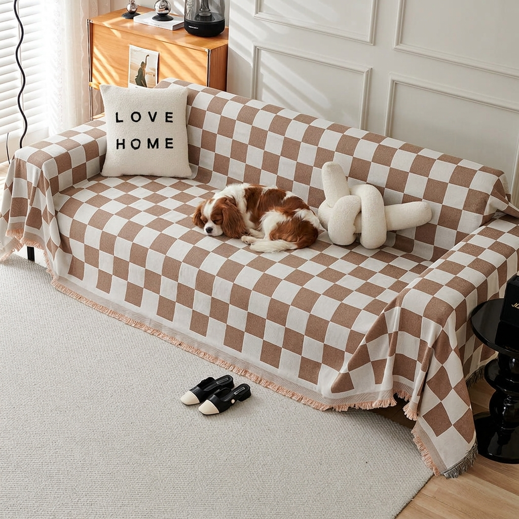 Cavalier on a Sloane coffee checkerboard fringe throw over a sofa