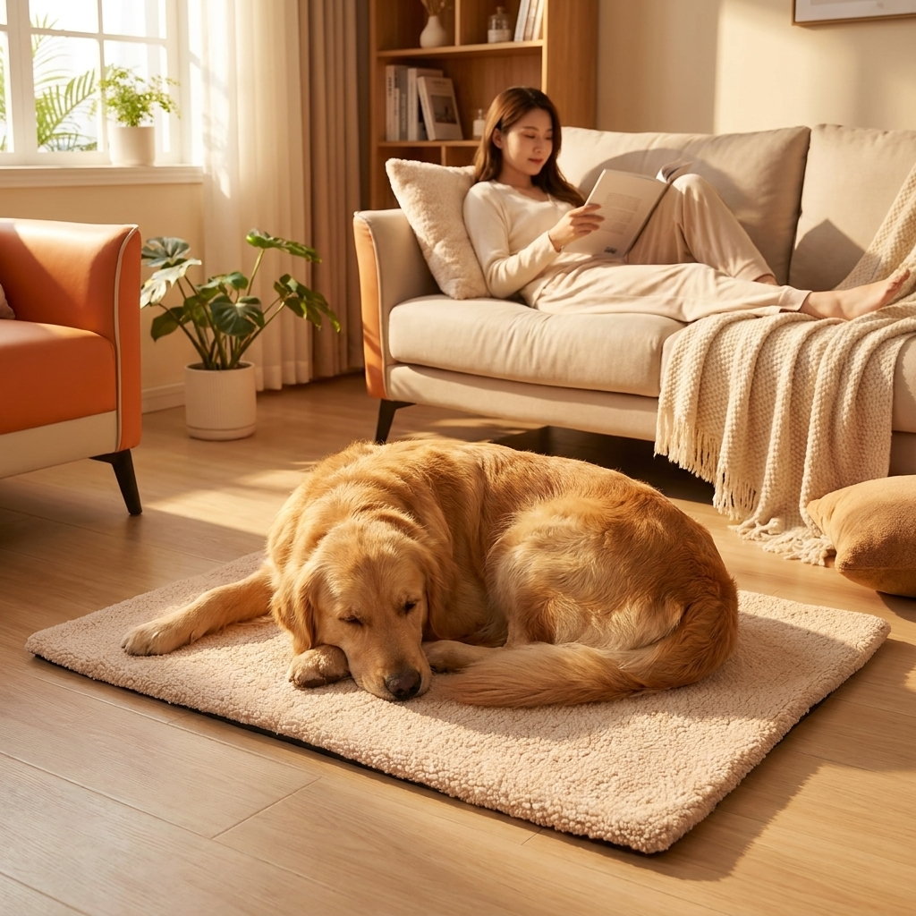 Golden Retriever resting on a Toffee beige self-warming dog mat