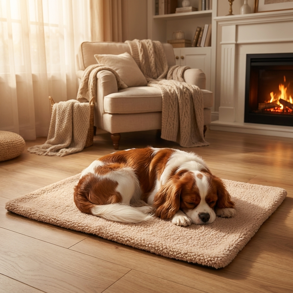 Cavalier on a Toffee beige self-warming dog mat by a fire