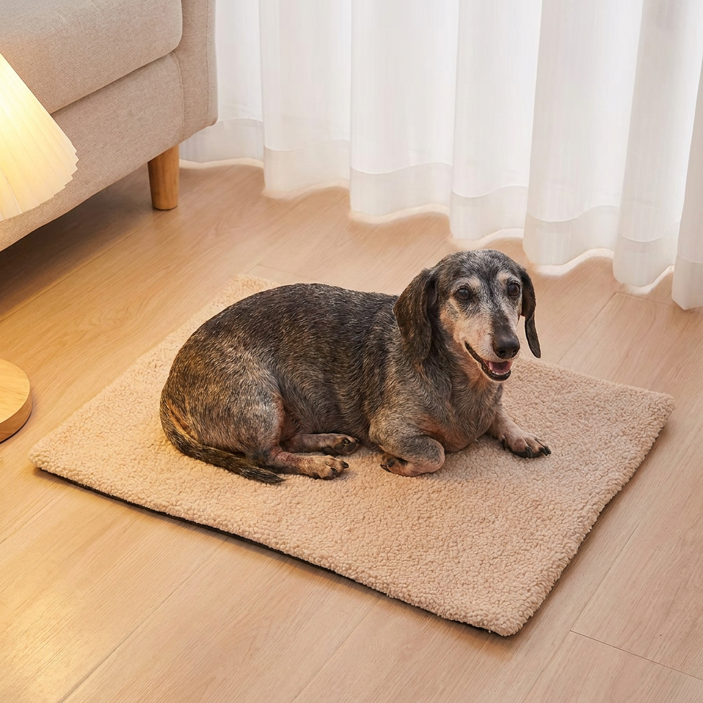 Senior Dachshund resting on a Toffee beige self-warming dog mat