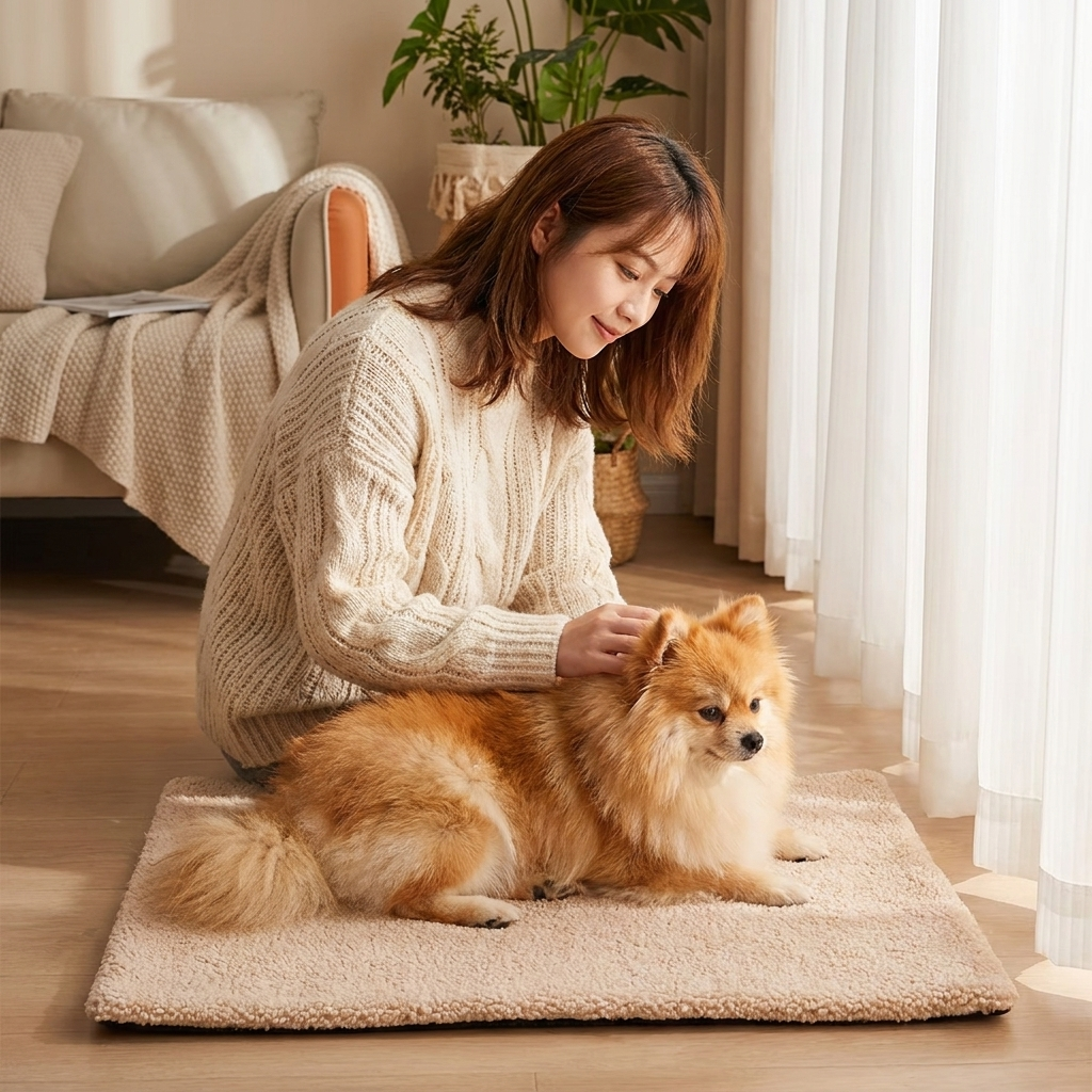 Pomeranian on a Toffee beige self-warming dog mat with a woman
