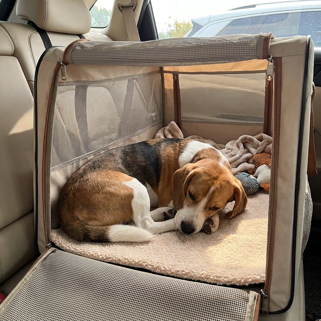 Beagle on a Toffee beige self-warming dog mat in a travel carrier
