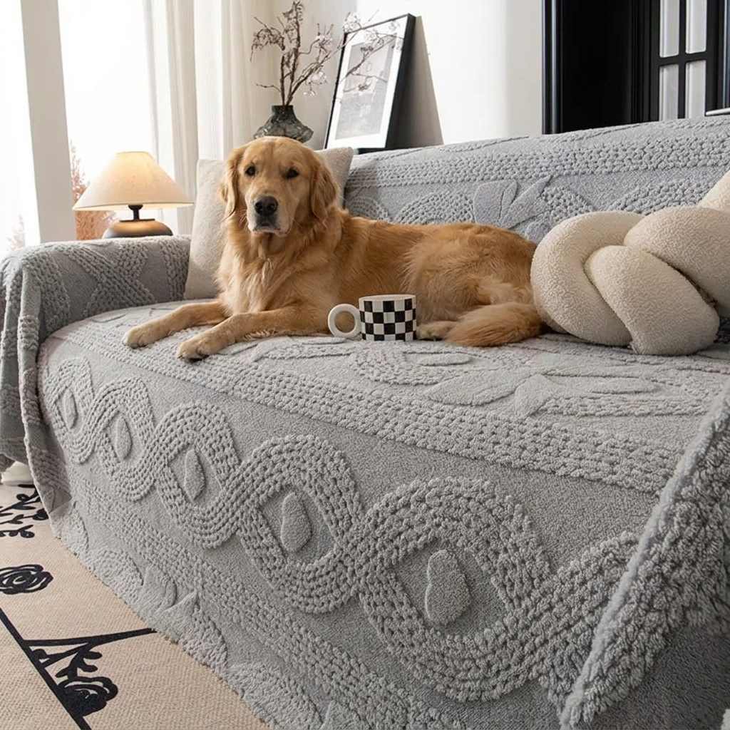 Golden Retriever on a Harper light-grey jacquard plush sofa cover