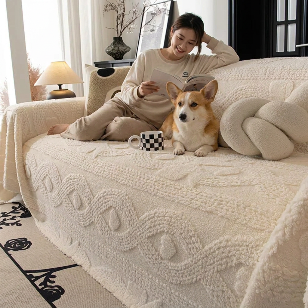 Corgi on a Harper cream jacquard plush sofa cover with a woman