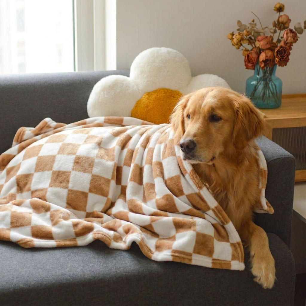 Golden Retriever wrapped in a Meadow khaki chequered flannel dog blanket