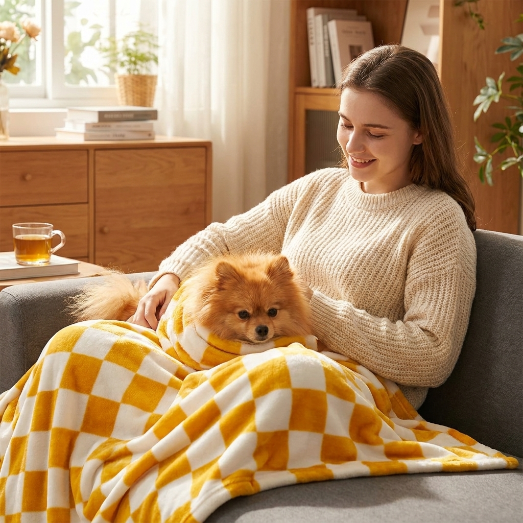 Pomeranian wrapped in a Meadow yellow chequered flannel dog blanket with a woman