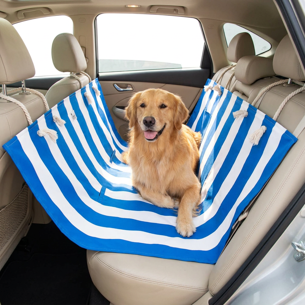 Golden Retriever on a Wander Santorini blue-stripe car seat hammock