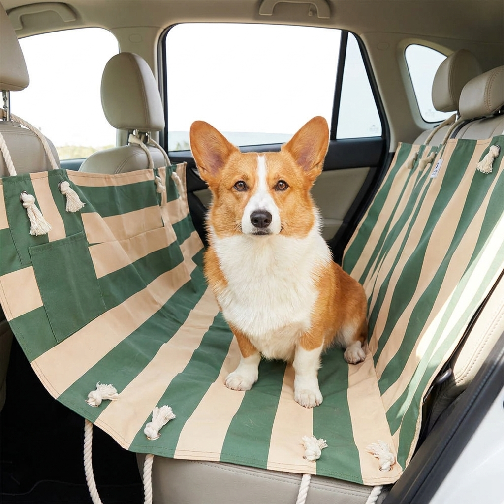 Corgi on a Wander Tuscany green-stripe car seat hammock