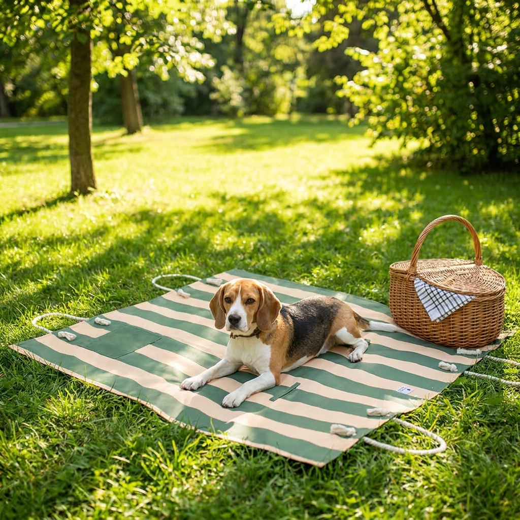 Beagle on a Wander Tuscany green-stripe picnic blanket in a park