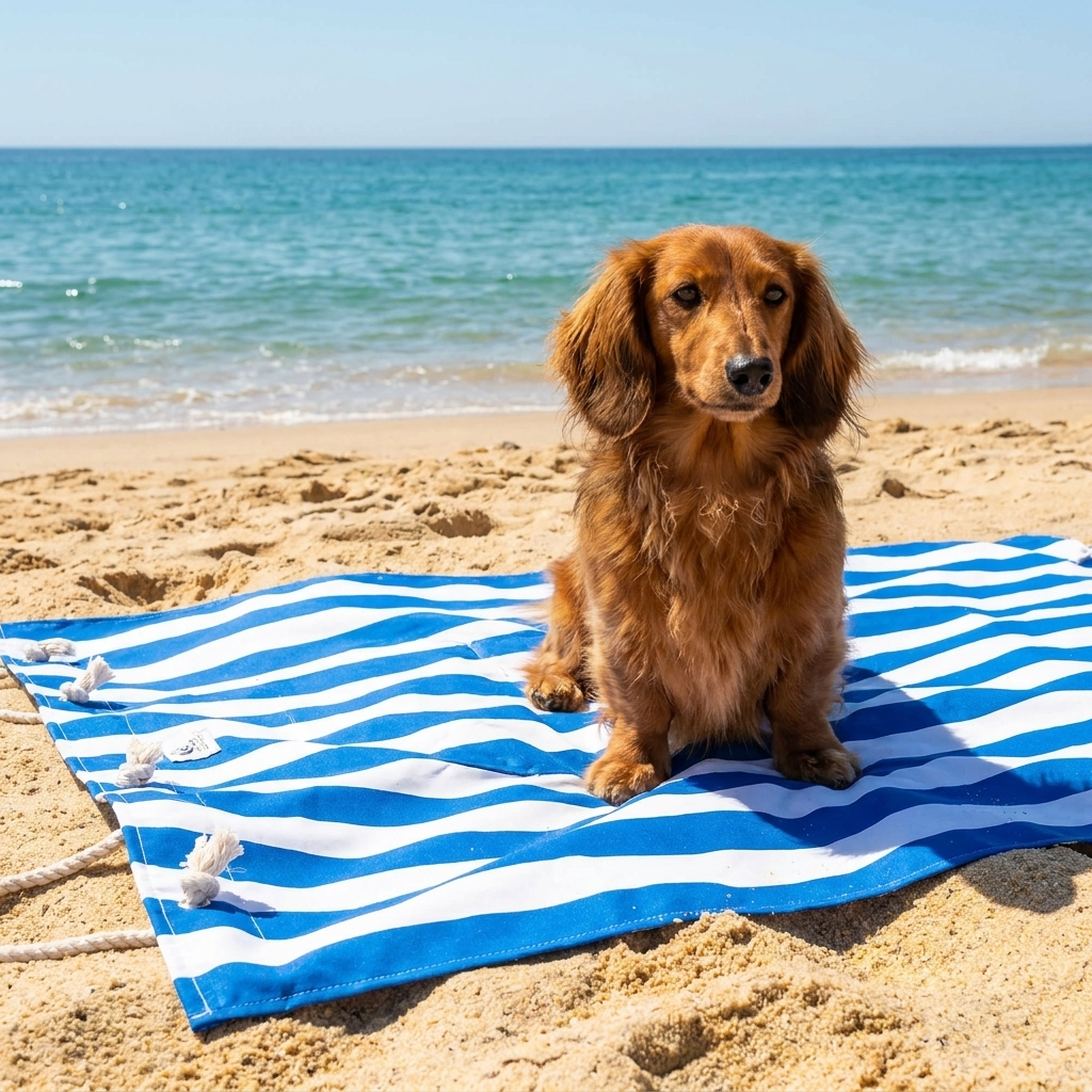 Dachshund on a Wander Santorini blue-stripe picnic blanket at the beach