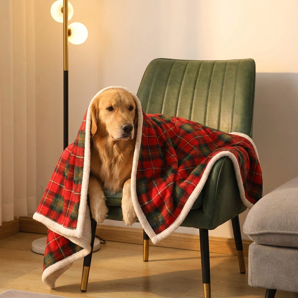 Golden Retriever wrapped in an Angus red-green tartan fleece dog blanket