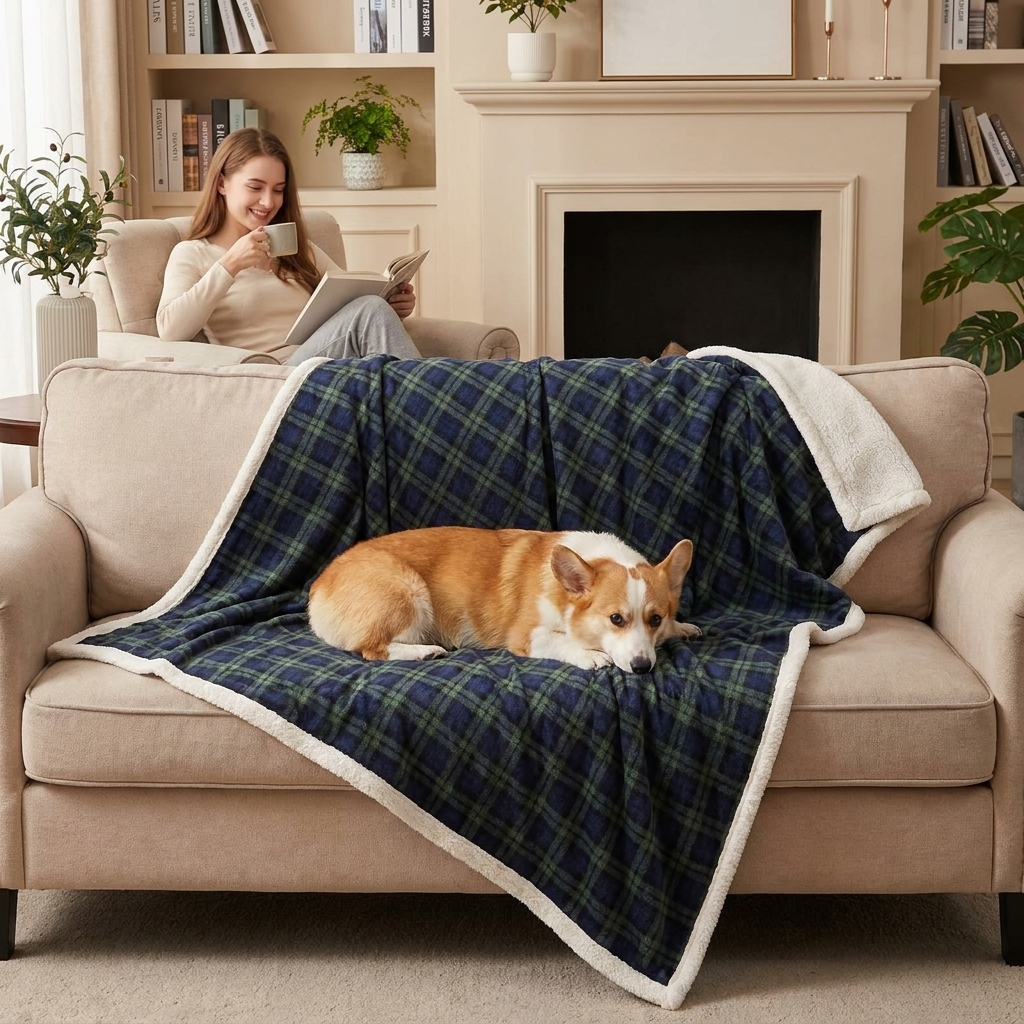 Corgi on an Angus blue-green tartan fleece dog blanket with a woman