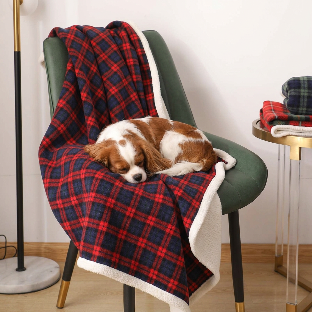 Cavalier on an Angus red-blue tartan fleece dog blanket