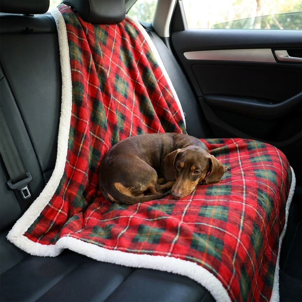 Dachshund on an Angus red-green tartan fleece dog blanket in a car