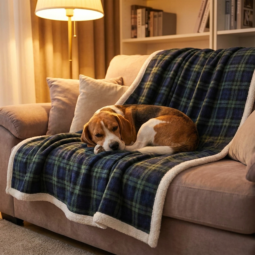 Beagle on an Angus blue-green tartan fleece dog blanket