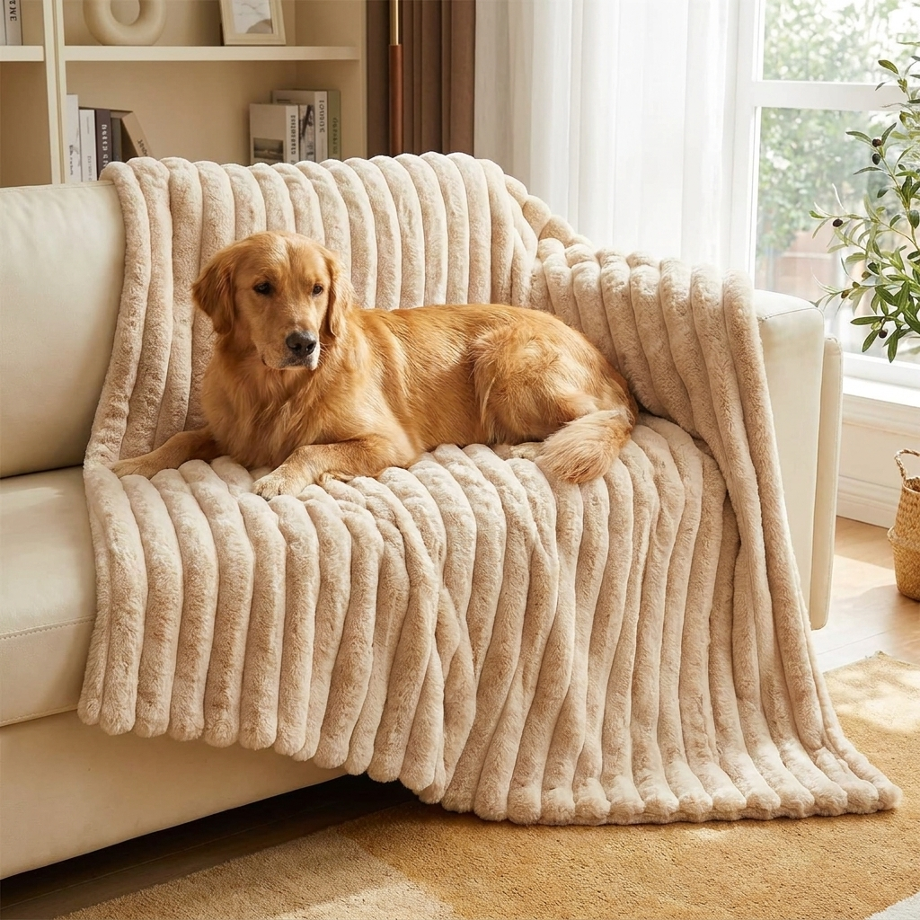 Sable Faux Rabbit Fur Plush Throw — Golden Retriever resting on beige throw over sofa