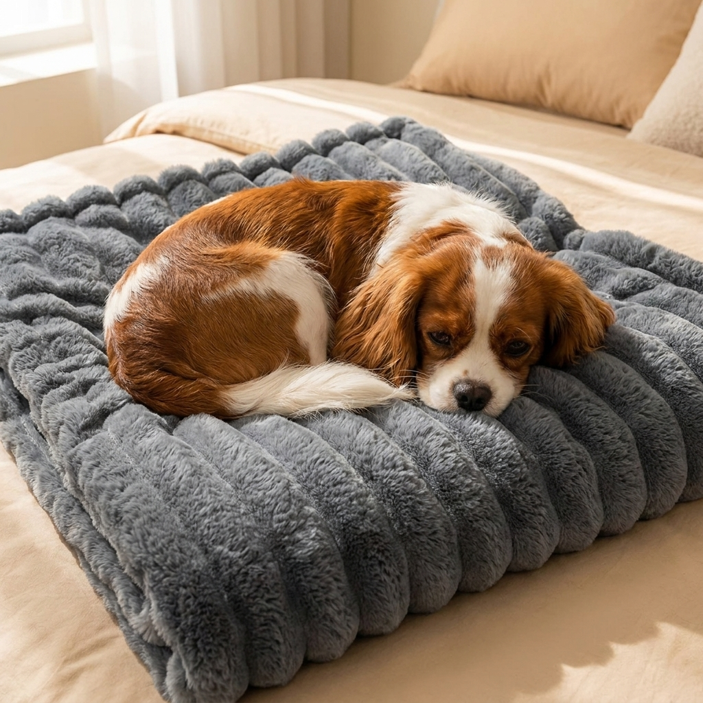 Sable Faux Rabbit Fur Plush Throw — Cavalier on grey throw
