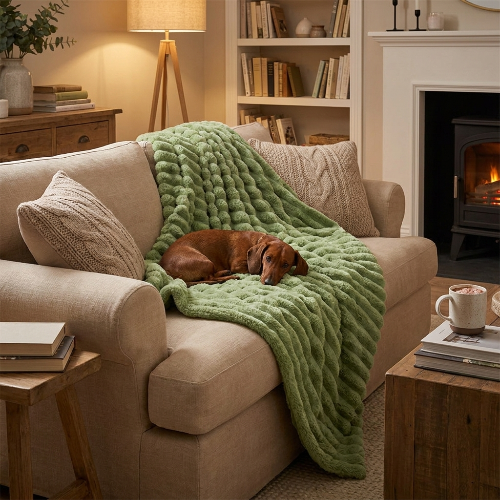 Sable Faux Rabbit Fur Plush Throw — Dachshund on green throw over sofa
