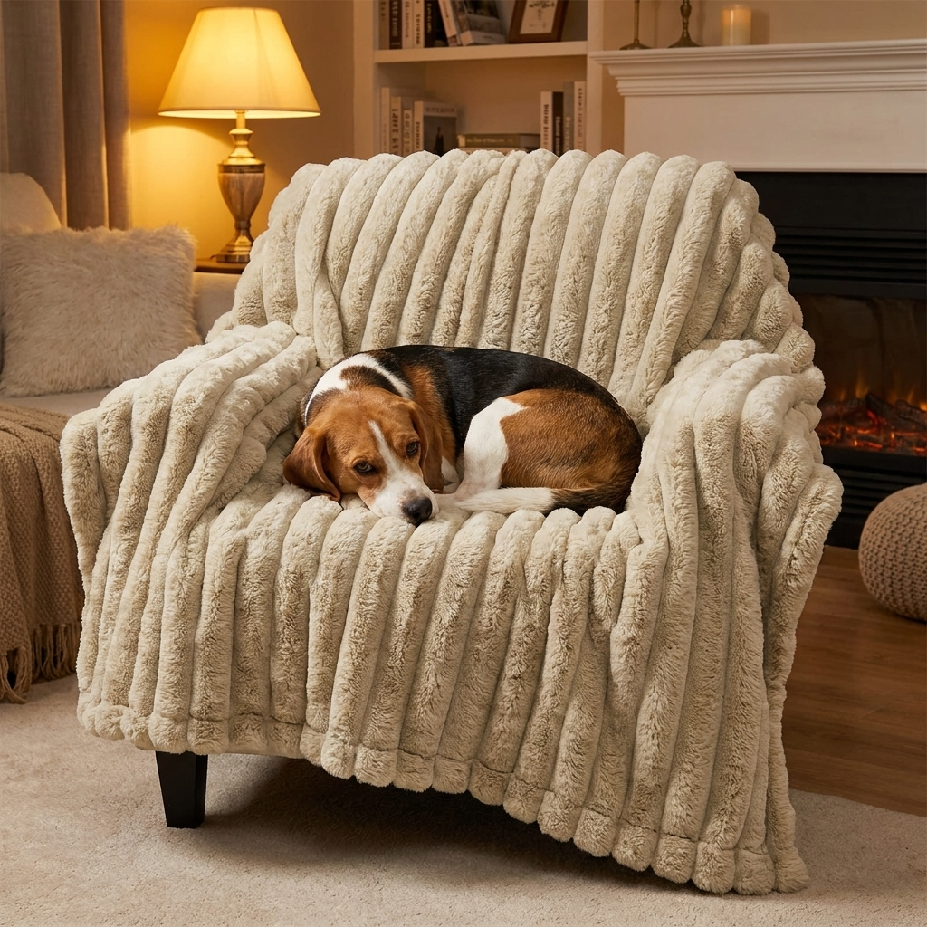 Sable Faux Rabbit Fur Plush Throw — Beagle on khaki throw over armchair