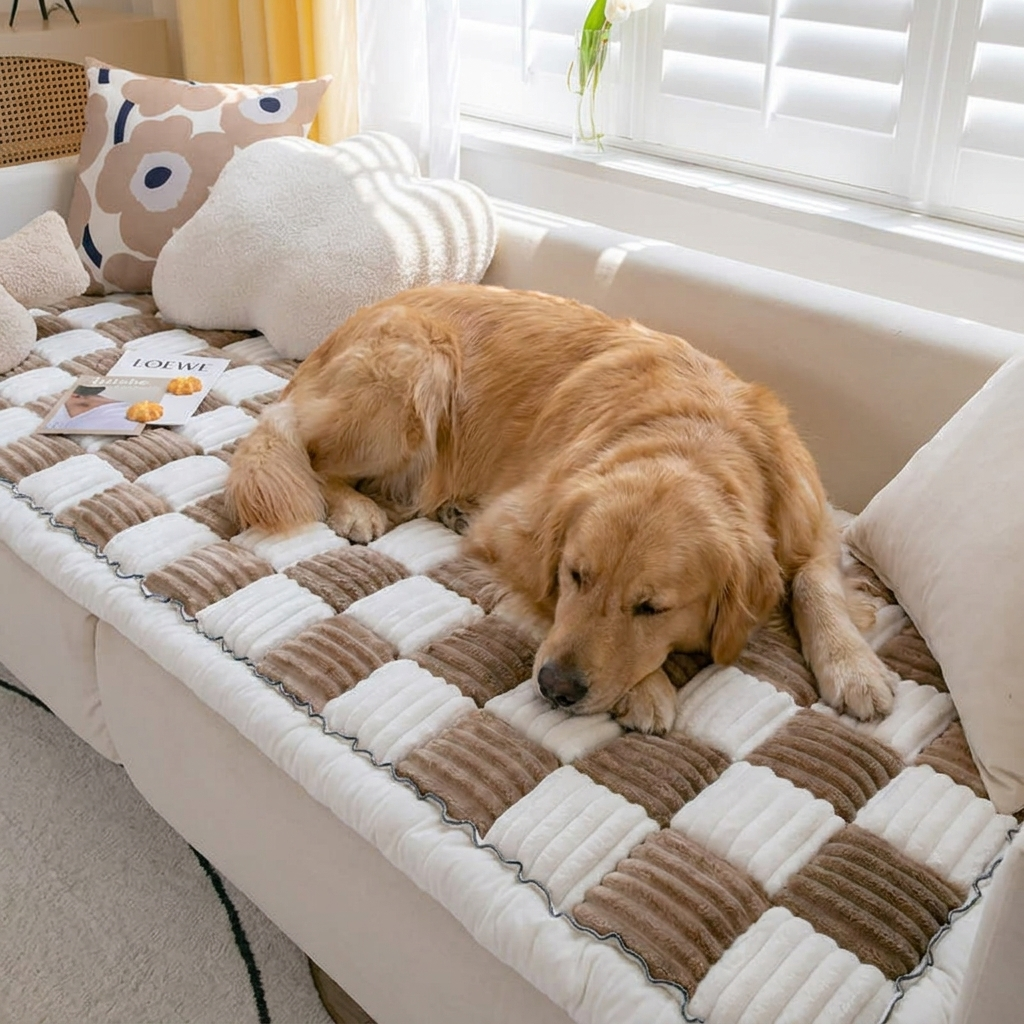 Pebble Checkerboard Plush Dog Blanket — Golden Retriever on brown checkerboard mat