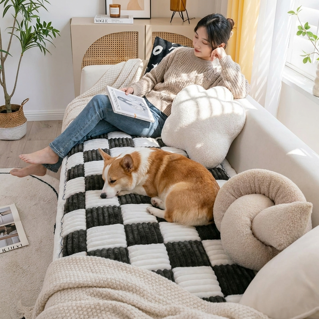 Pebble Checkerboard Plush Dog Blanket — Corgi on black checkerboard mat