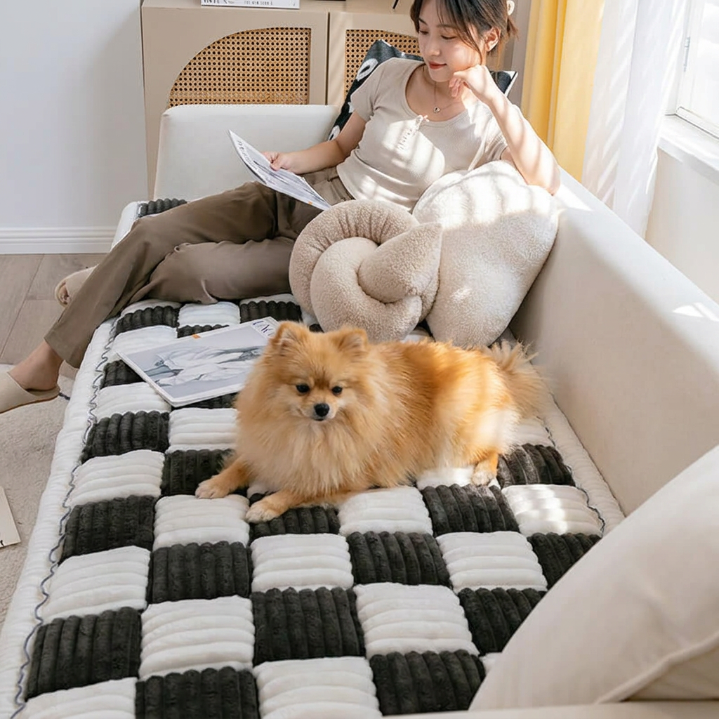 Pebble Checkerboard Plush Dog Blanket — Pomeranian on black checkerboard mat