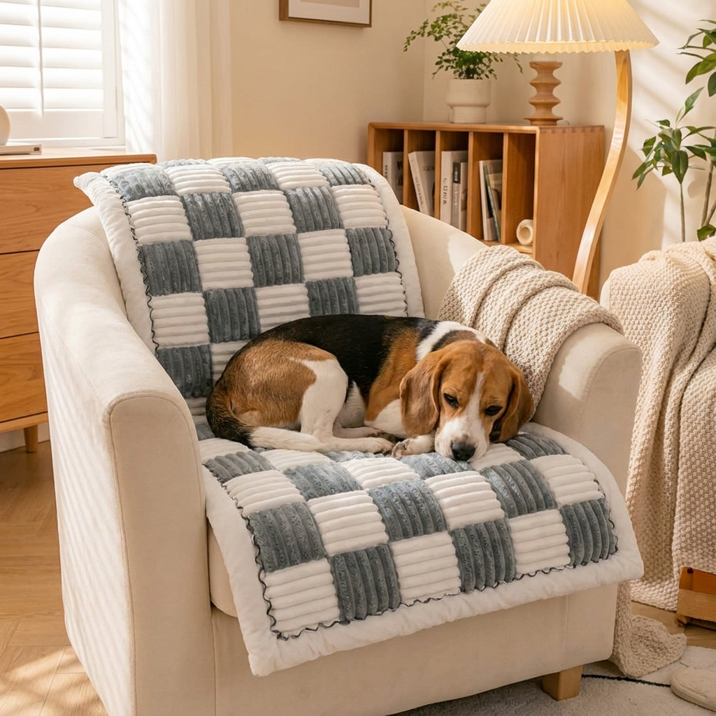 Pebble Checkerboard Plush Dog Blanket — Beagle on grey checkerboard mat